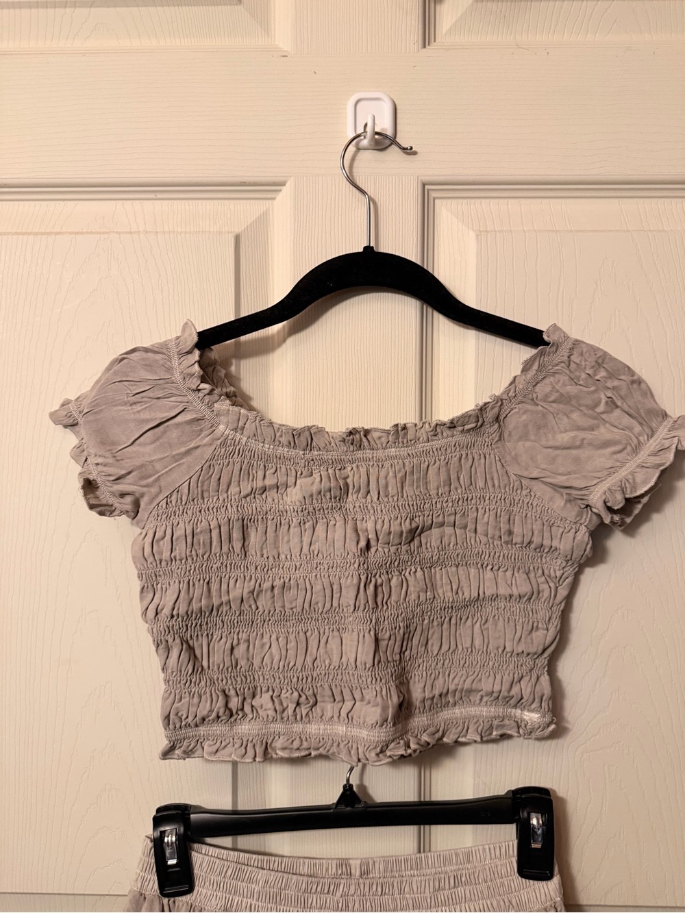 American Eagle Outfitters Light Grey Smocked Crop Top & Tiered Maxi Skirt Set - Picture 2 of 5